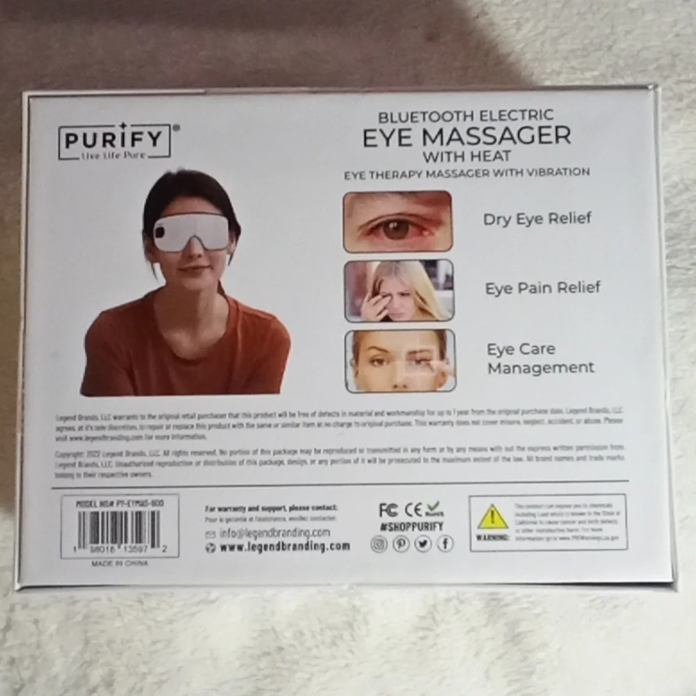 PURIFY BLUETOOTH ELECTRIC EYE MASSAGER W/ HEAT, MUSIC + VIBRATION! NEW IN BOX!